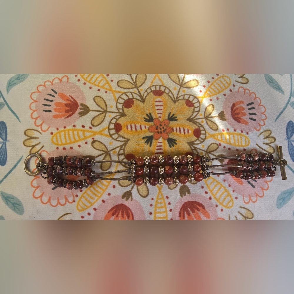 Vintage-Style Multi-Strand Red Jasper & Mixed Stone Toggle Bracelet Southwestern
